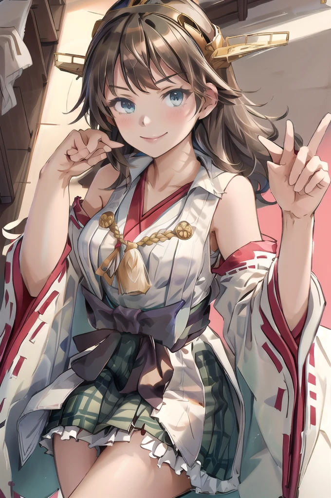 Highest quality, masterpiece, High resolution, alone, {Mount Hiei_Fleet Collection:1.15}, オレンジ色hair, hairband, headgear, Non-traditional_Shrine maiden, smile, green_eye, Inverted up_hair, smile, One Girl, dependent_sleeve, green_skirt, Plaid, Plaid_skirt, ribbon-trimmed_sleeve, ribbon_trim, skirt, Office Background,