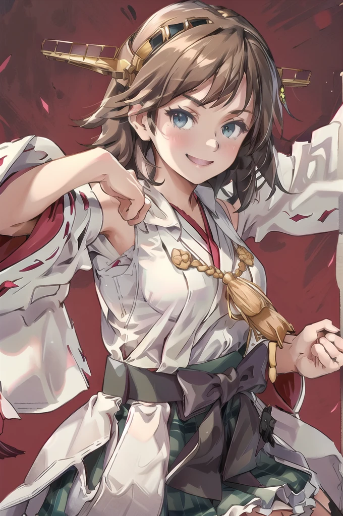 Highest quality, masterpiece, High resolution, alone, {Mount Hiei_Fleet Collection:1.15}, オレンジ色hair, hairband, headgear, Non-traditional_Shrine maiden, smile, green_eye, Inverted up_hair, smile, One Girl, dependent_sleeve, green_skirt, Plaid, Plaid_skirt, ribbon-trimmed_sleeve, ribbon_trim, skirt, Office Background,