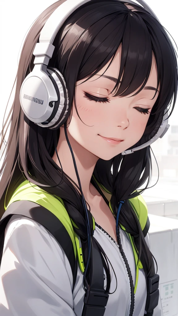 close-up, girl with headphones on her side, both eyes closed, slight smile