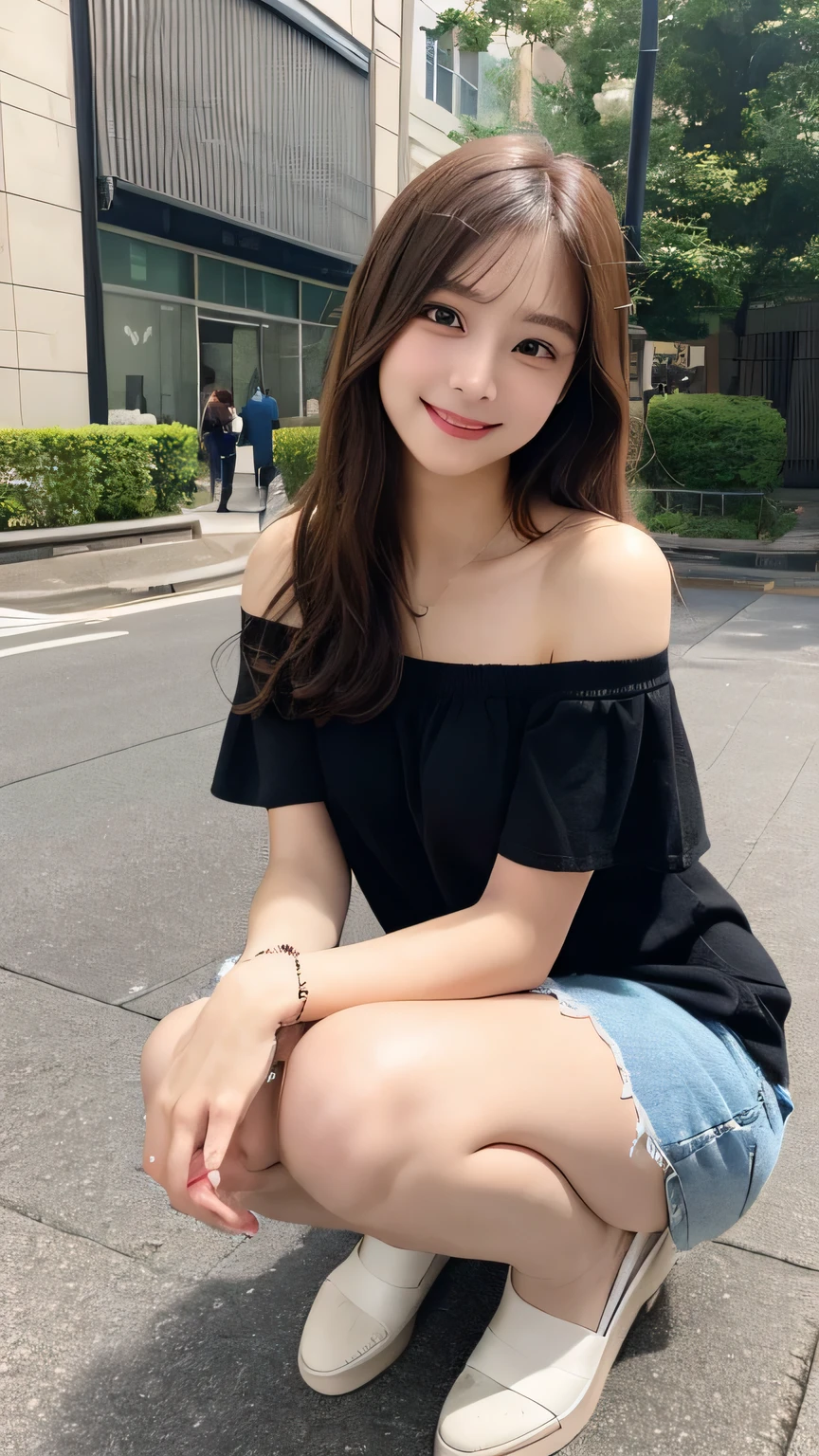 High resolution, Highest quality, Perfect dynamic composition, Beautiful attention to detail, Off the shoulder、Shiny Hair、Medium Hair, Natural color lip, university student、Harajuku、smile、Crouching、M-shaped feet