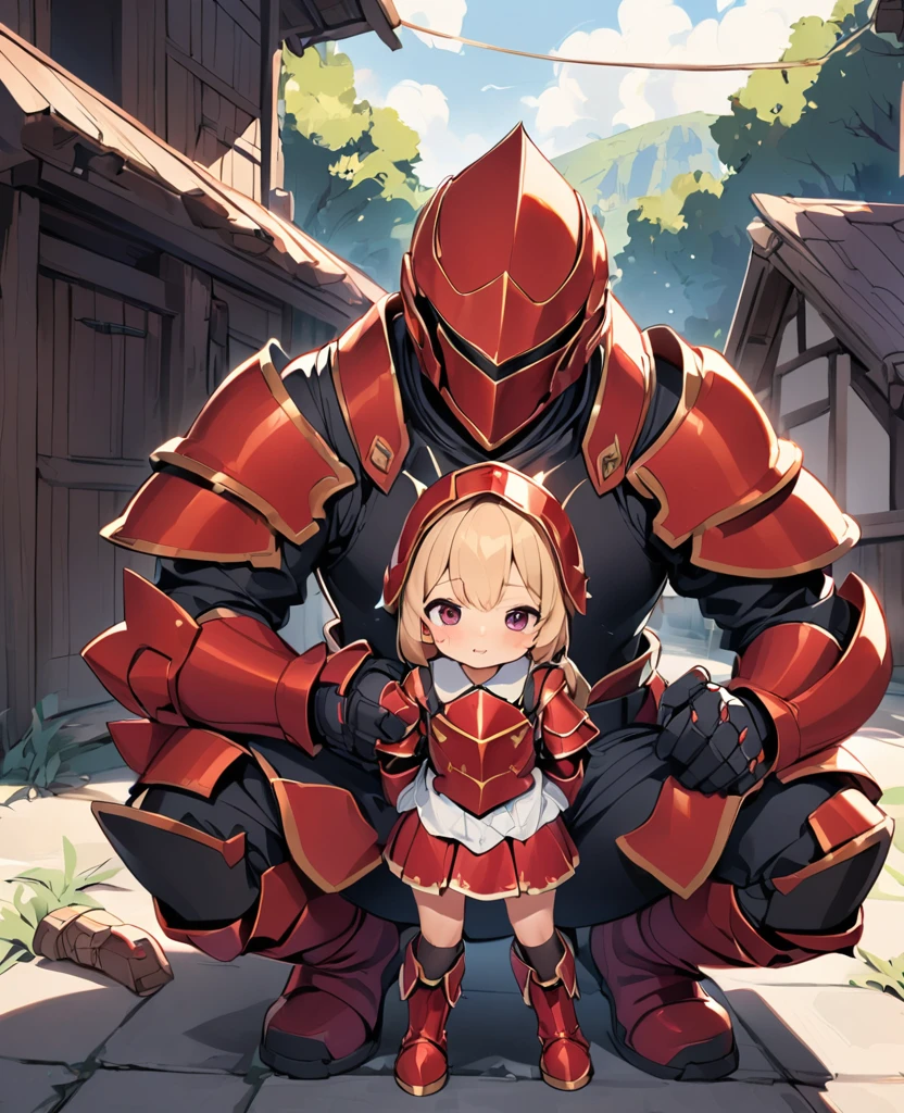 A little girl wearing red armor and combat boots，and was asked to take off his boots and armor