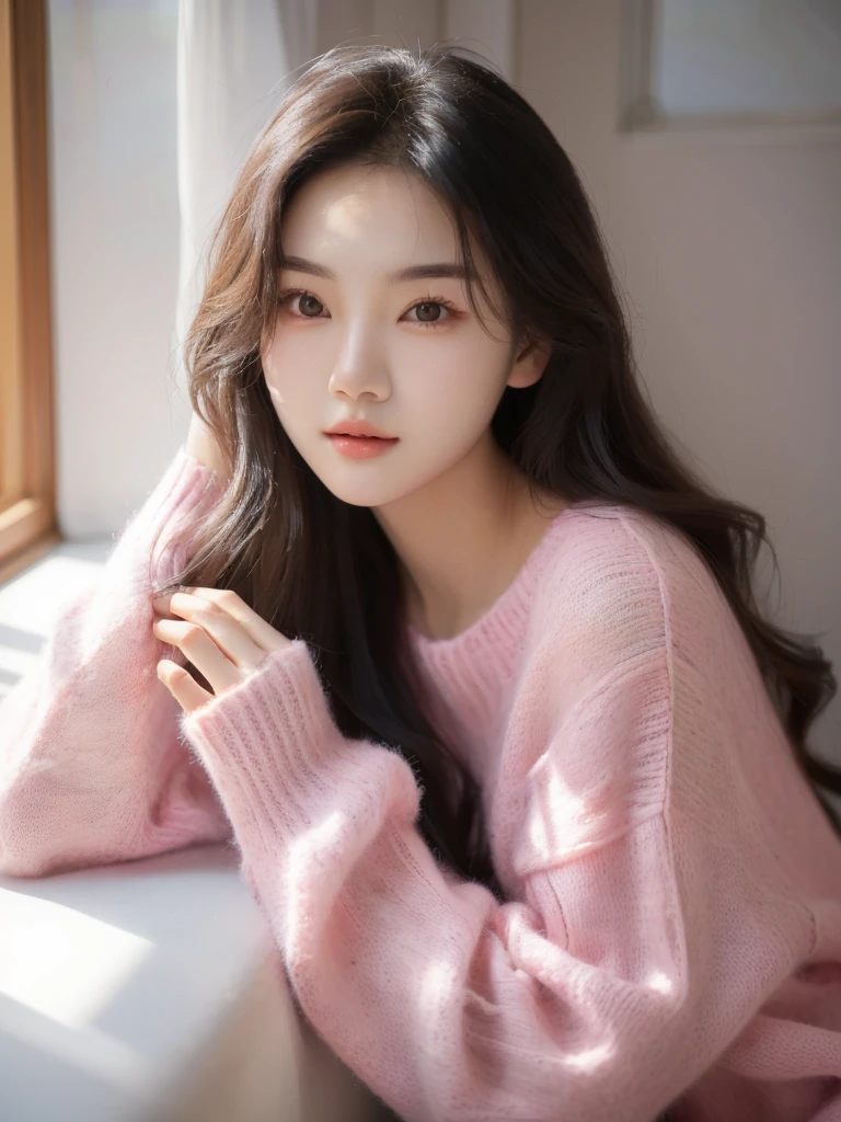 A woman in a pink sweater sits on the windowsill, Beautiful young Korean woman, 可爱的Korean actress, Beautiful young Korean woman, Beautiful Korean woman, Young cute girl, Korean Girl, Young and cute Korean face, Korean actress, Korean female fashion models, Lee Ji-eun, Lee Ji-eun, A lovely young woman