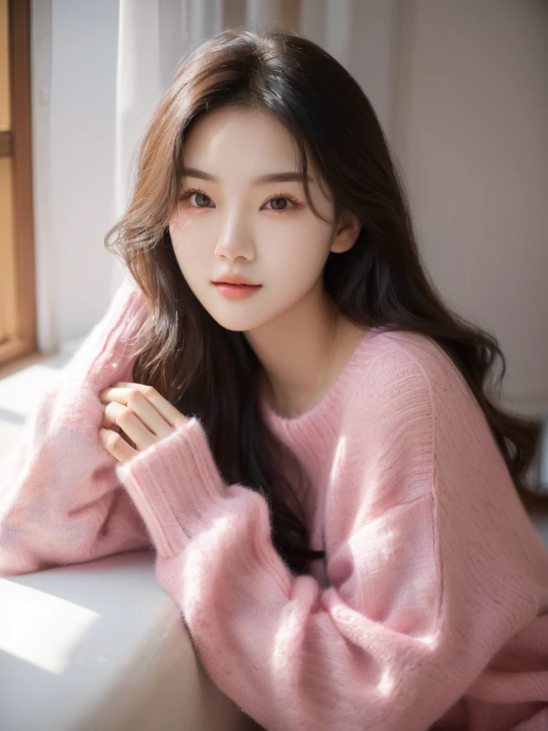 A woman in a pink sweater sits on the windowsill, Beautiful young Korean woman, 可爱的Korean actress, Beautiful young Korean woman, Beautiful Korean woman, Young cute girl, Korean Girl, Young and cute Korean face, Korean actress, Korean female fashion models, Lee Ji-eun, Lee Ji-eun, A lovely young woman