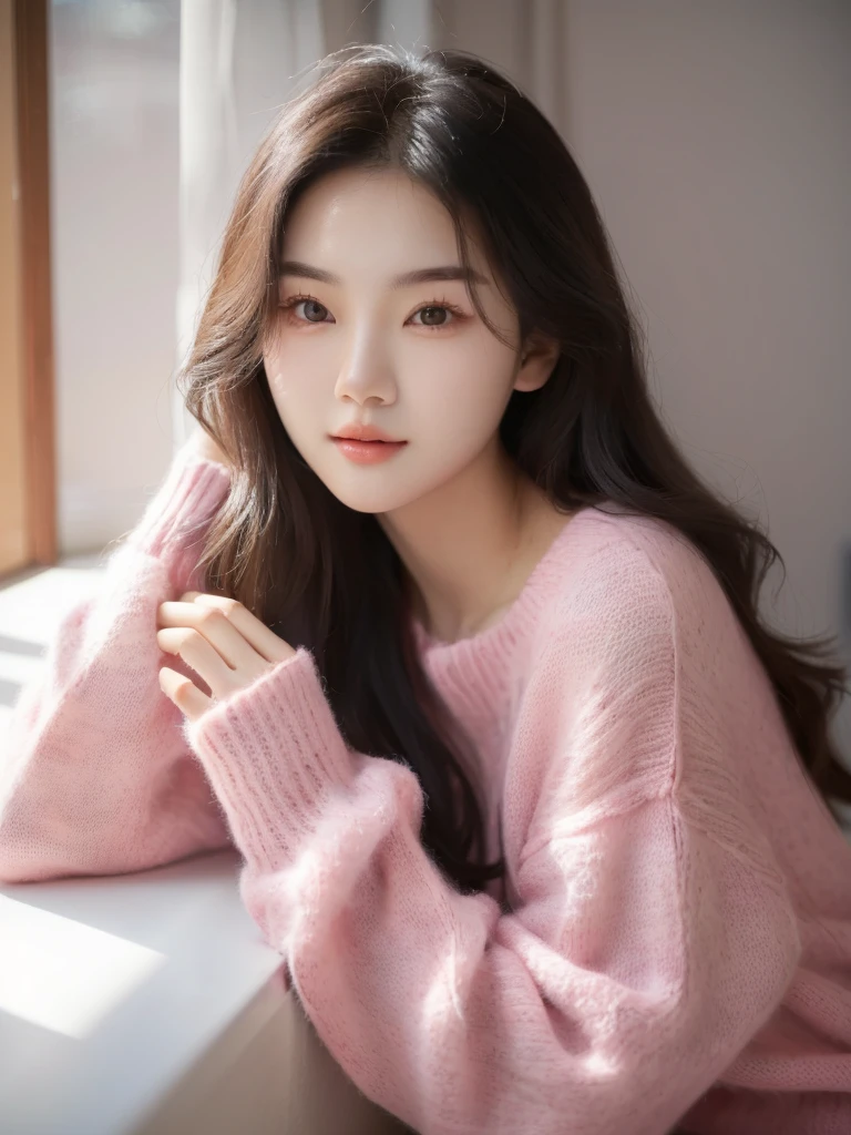 A woman in a pink sweater sits on the windowsill, Beautiful young Korean woman, 可爱的Korean actress, Beautiful young Korean woman, Beautiful Korean woman, Young cute girl, Korean Girl, Young and cute Korean face, Korean actress, Korean female fashion models, Lee Ji-eun, Lee Ji-eun, A lovely young woman