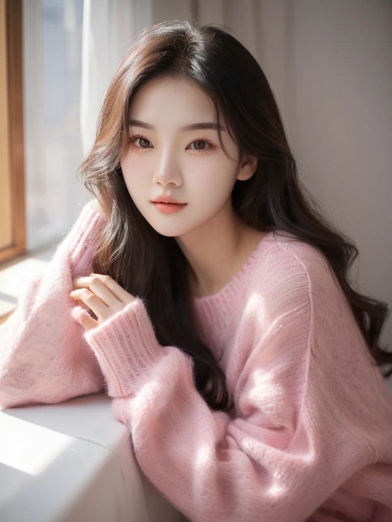 A woman in a pink sweater sits on the windowsill, Beautiful young Korean woman, 可爱的Korean actress, Beautiful young Korean woman, Beautiful Korean woman, Young cute girl, Korean Girl, Young and cute Korean face, Korean actress, Korean female fashion models, Lee Ji-eun, Lee Ji-eun, A lovely young woman