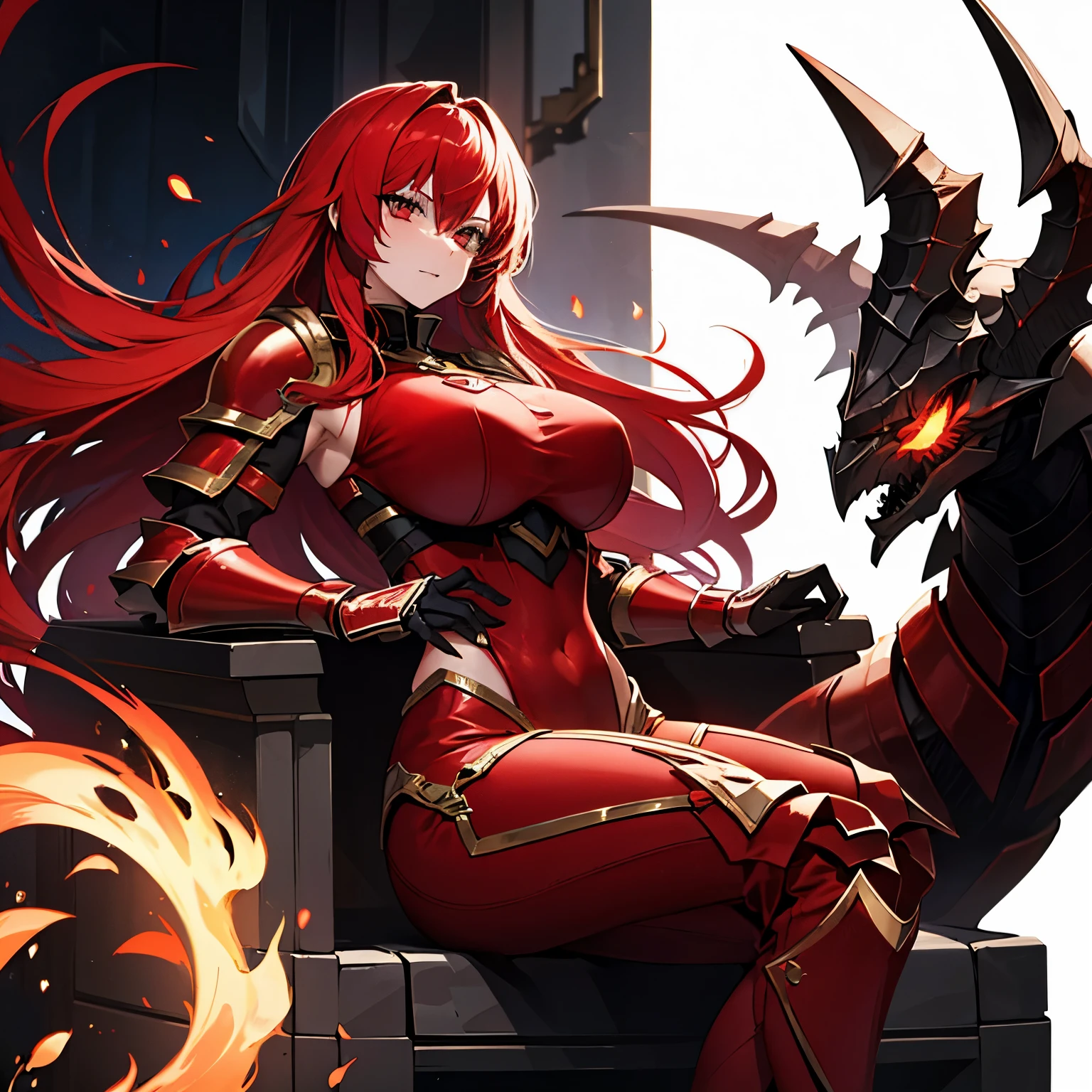 Xaldrath. she is a woman with long red flamin hair, she wears a massive red suit with armor, shes a villian, her skin colour is Tanned