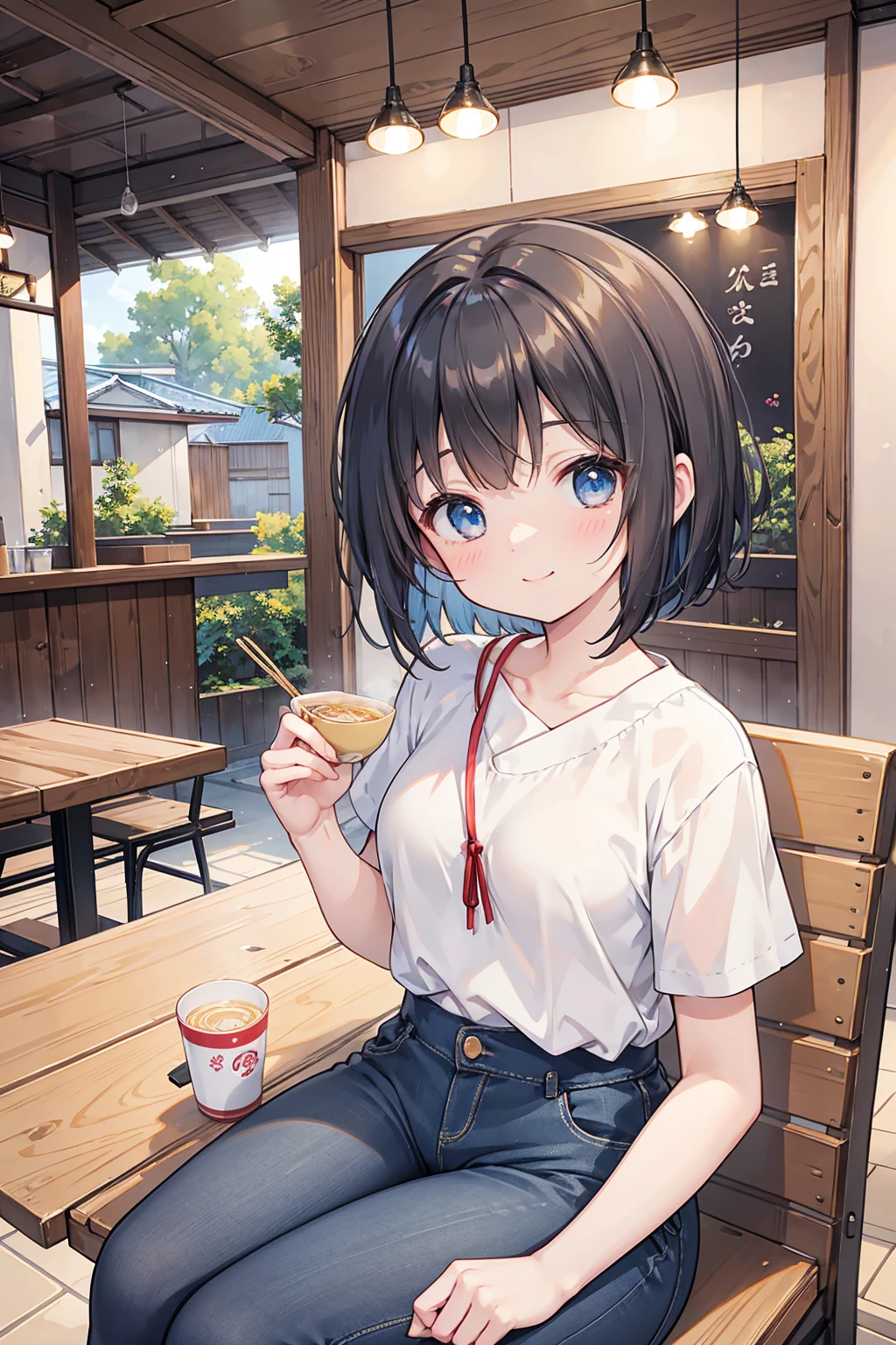 Photorealistic、Highest quality、Highest Resolution、Highest quality、8K、1人のBeautiful woman、Beautiful woman、Beautiful woman、cute、Bob cut hair、Dark Hair Color、Pale blue eyes、Casual Style、黒のcuteノースリーブ、Light blue shorts、cute厚底サンダル、smile、looks fun、sunny、Ramen shop、Sit down and eat your ramen、sit、
