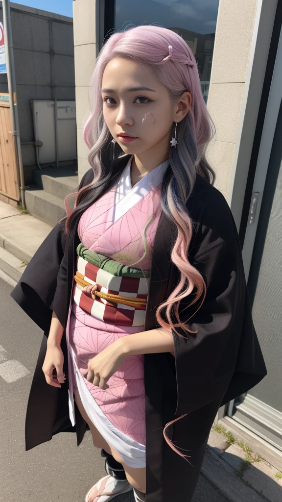 Cute Japanese woman, (16 years old), (Very cute face: 1.3), White and moisturized skin,
BREAK,
Fighter, Kung Fu fighter, Idol,
BREAK,
(Wearing cute kimono: 1.3), (Very revealing kimono), Very large earrings, Short length,
BREAK,
(Long hair), (Gray hair), (Wavy hair), (Gradient pink hair: 1.3), (Red hair at the ends),
BREAK,
(Realistic: 1.3), Masterpiece, Perfect lighting, (Ultra high resolution), (8K), (Very detailed: 1.4), (From the front), Looking at the camera, Melancholic expression, (Full body),
BREAK,
(Japanese city streets: 1.2), (Great fire in the background),
BREAK,
(Demon Slayer: 1.4),
BREAK,
(Hellfire: 1.2), Demon,