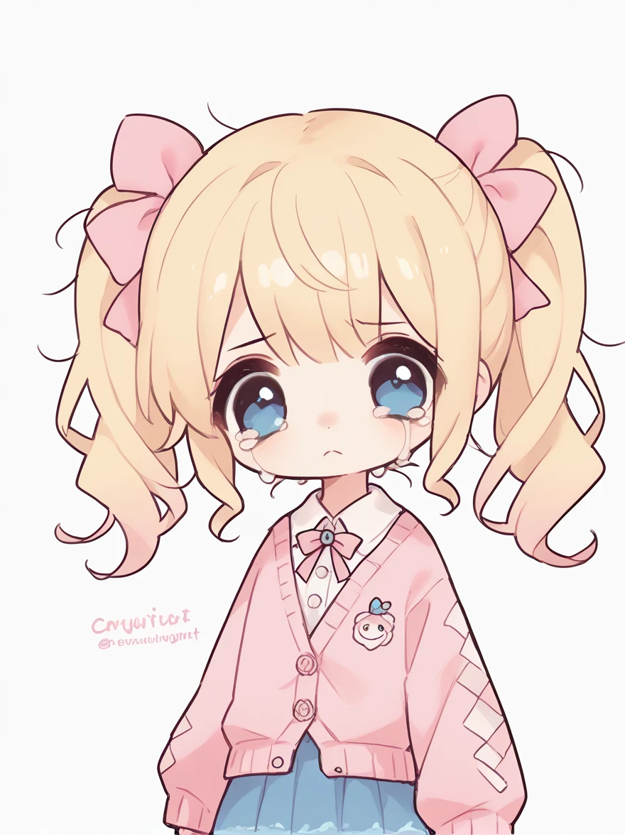 score_9, score_8_up, score_7_up, score_6_up, score_5_up, score_4_up, source_anime, rating_safe,
1girwhite background, cowboy shot, looking at viewer,pigtails,cryinglight blonde hair,mini pigtails,baby blue jean skirt with pink belt,pastel pink cardigan with buttons and a pastel pink bow,messy hair,pastel blue eyes,crying