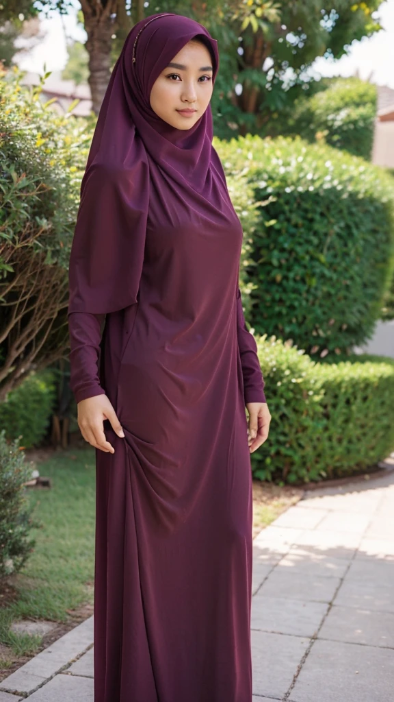 A beautiful Asian girl in a long hijab with tight and clearly visible breasts, With dark colored clothes, and good quality images