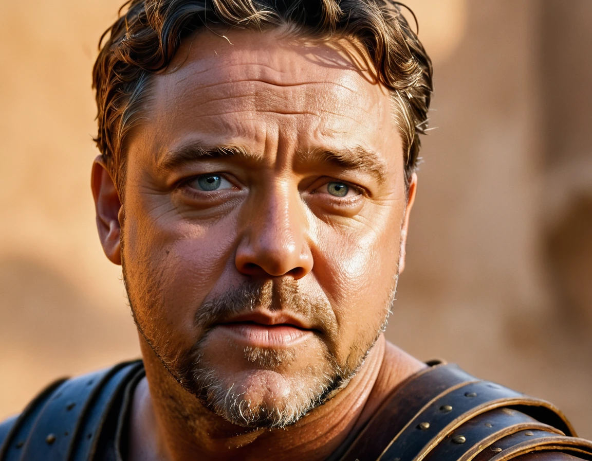 a hyper-realistic GoPro selfie of young Russell Crowe on the Gladiator set, expressive eyes, perfect face, highly detailed eyes, detailed features, photographic 35mm shot, golden hour, cinematic lightning, extreme realism , realistic, sweat, pastel-colored background, The image, captured in stunning Ultra HD, Nikon D850