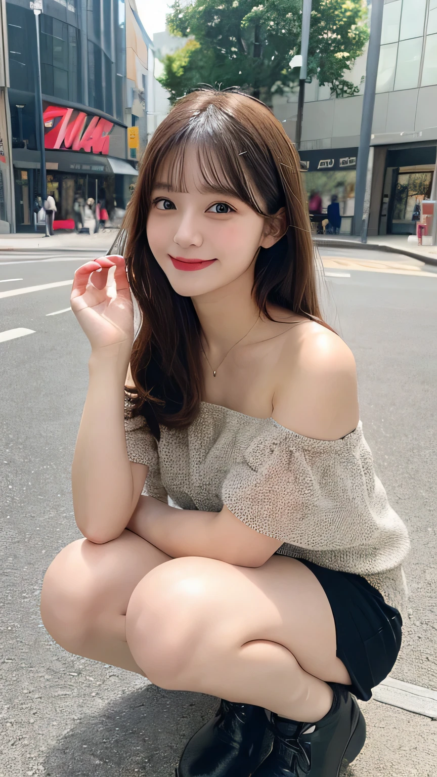 High resolution, Highest quality, Perfect dynamic composition, Beautiful attention to detail, Off the shoulder、Shiny Hair、Medium Hair, Natural color lip, university student、Harajuku、smile、Crouching、M-shaped feet