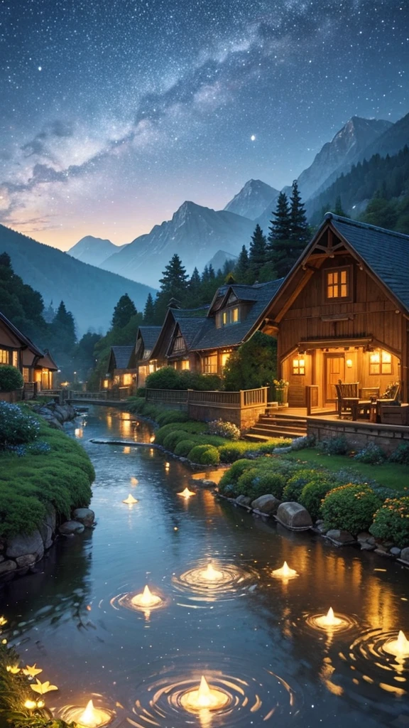 Prompt: A picturesque village landscape set against majestic mountains, illuminated by a starry night sky. The stars twinkle brightly, creating a magical atmosphere reminiscent of Ghibli Studio's enchanting style. The village houses have warm, glowing lights, and the scene is filled with gentle, whimsical details that evoke a sense of wonder and tranquility.