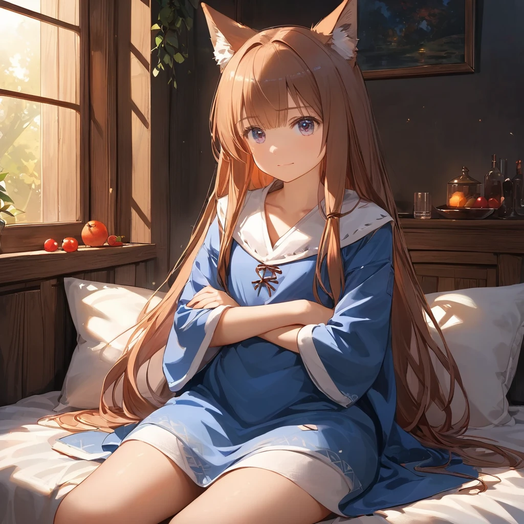 /draw (((Holo))) from spice_and_wolf, wolf_girl, ((loli)), arms_crossed, flat_chest, highest realism, photographic_detail, perfect_clarity, perfect_detail, nai4, warm_lighting, detailed_ambiance, ((perfect_flat_chest)), perfect_vagina, sitting, legs_open, ((loose_tunic_exposing))