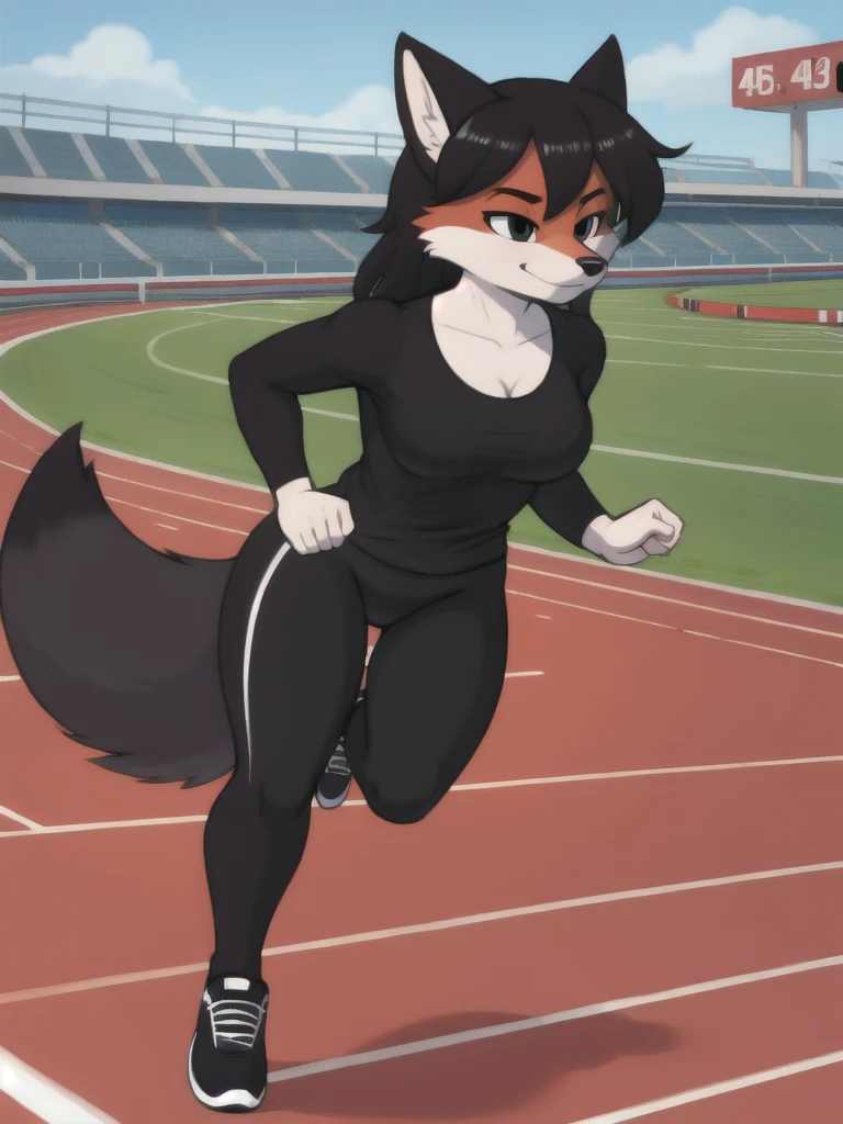 Furry, fox, female, black shirt, black leggings, shoes, running track, solo, full body
