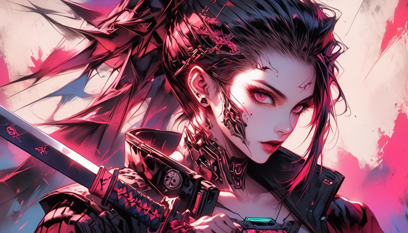 anime, anime, devil, sword, red, black, art, artwork, artwork, Digital, artwork, Digital art, Digital painting, Digital art, very beautiful Cyberpunk Samurai, devil samurai, Neon Samurai, Cyberpunk Samurai, devil samurai warrior, badass anime 8 k, she is holding a katana sword, portrait of a Cyberpunk Samurai, Cyberpunk Geisha, cyborg samurai