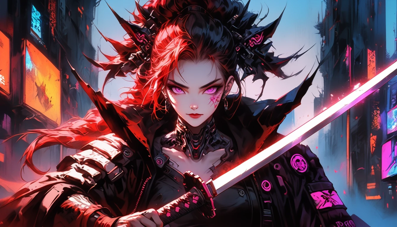 anime, anime, devil, sword, red, black, art, artwork, artwork, Digital, artwork, Digital art, Digital painting, Digital art, very beautiful Cyberpunk Samurai, devil samurai, Neon Samurai, Cyberpunk Samurai, devil samurai warrior, badass anime 8 k, she is holding a katana sword, portrait of a Cyberpunk Samurai, Cyberpunk Geisha, cyborg samurai