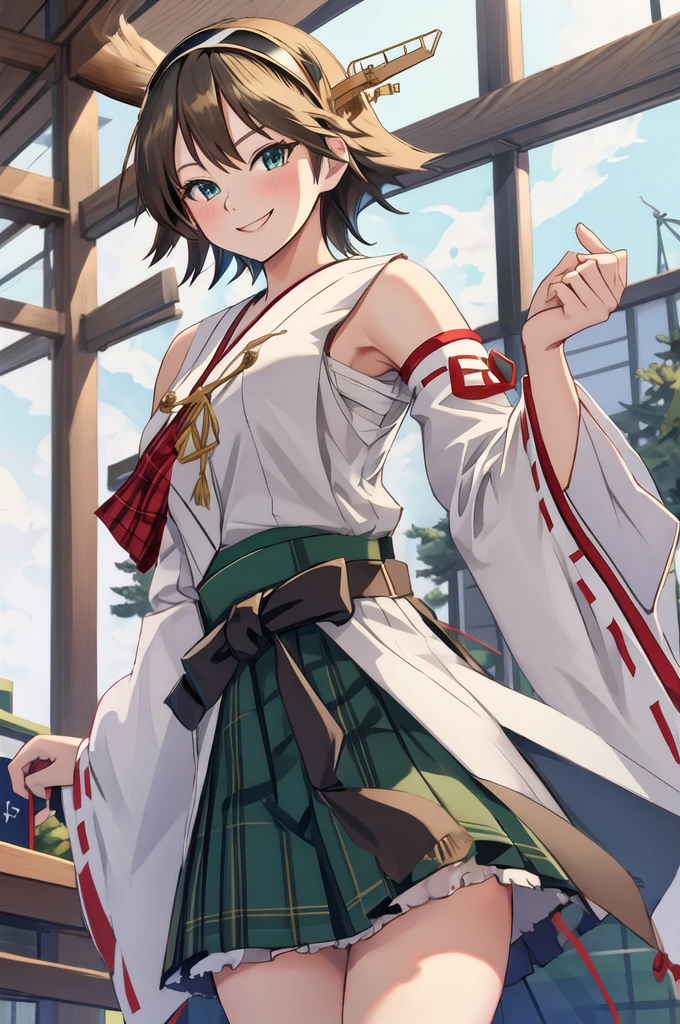 Highest quality, masterpiece, High resolution, alone, {Mount Hiei_Fleet Collection:1.15}, オレンジ色hair, hairband, headgear, Non-traditional_Shrine maiden, smile, green_eye, Inverted up_hair, smile, One Girl, dependent_sleeve, green_skirt, Plaid, Plaid_skirt, ribbon-trimmed_sleeve, ribbon_trim, skirt, Office Background,