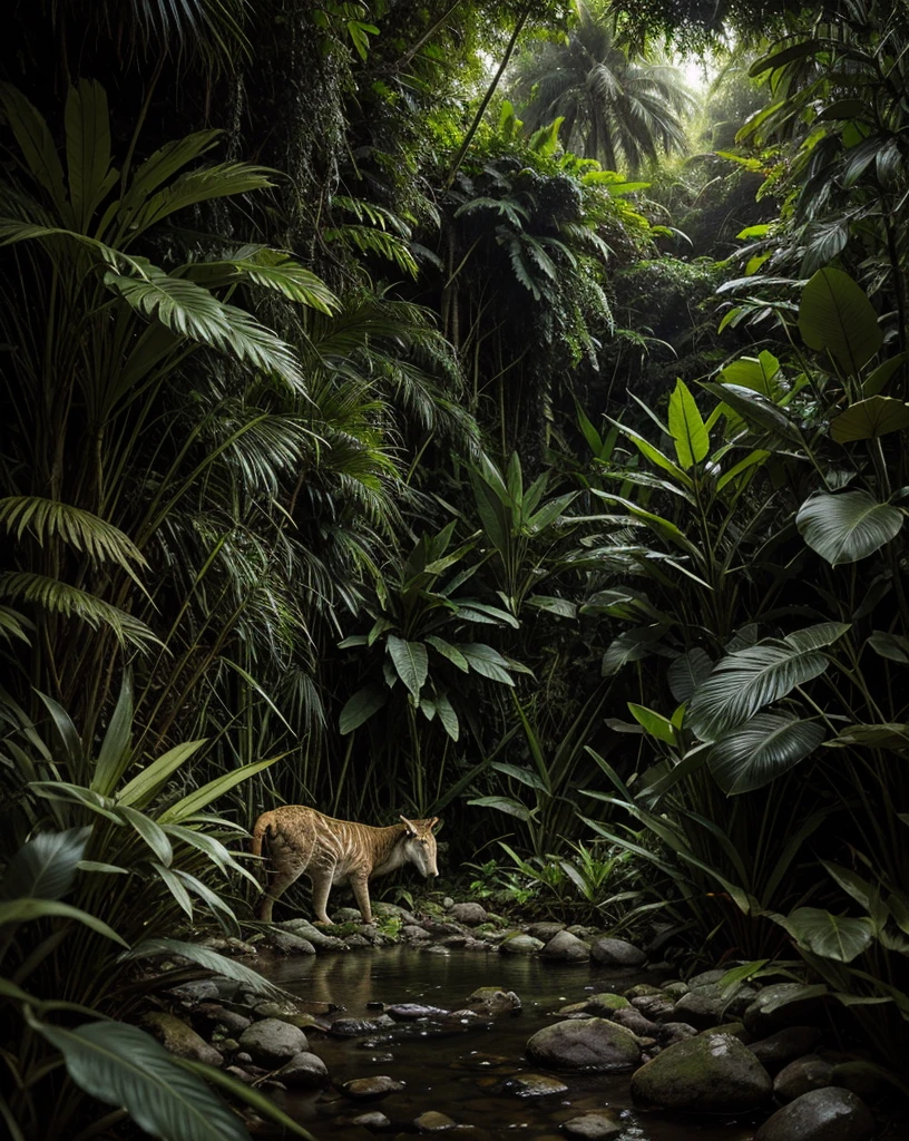 A jungle scene, lush green foliage, exotic wildlife, adventurer exploring the wilderness, detailed textures, dramatic lighting, cinematic composition, vibrant colors, photorealistic, masterpiece