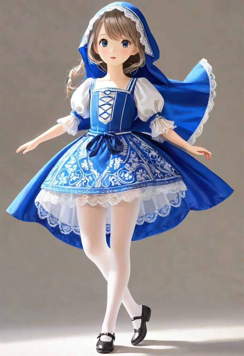 10 year old girl underwear, Realistic panties and bloomers made from patterned cotton fabric, Medieval bright blue one-piece dress with white embroidery and panniers, Fabric Realism, Low - Angle, You can see the drawer, Pull up the dress by hand, Strong winds, Translucent slip, Translucent slip, tights, Highest quality, Crotch close-up, whole body, Skirt lining