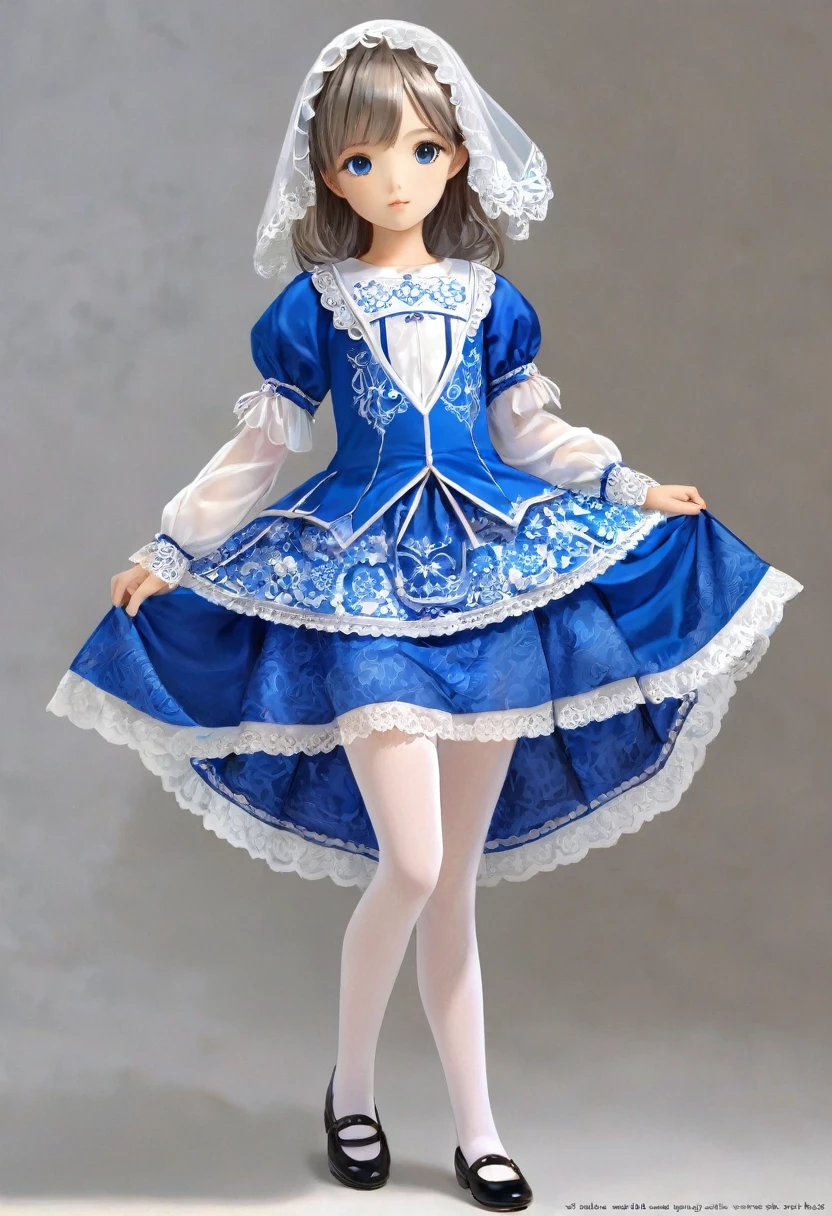 10 year old girl underwear, Realistic panties made from patterned cotton fabric, Medieval bright blue one-piece dress with white embroidery and panniers, Fabric Realism, Low - Angle, You can see the drawer, Pull up the dress by hand, Strong winds, Translucent slip, Translucent slip, tights, Highest quality, Crotch close-up, whole body, Skirt lining
