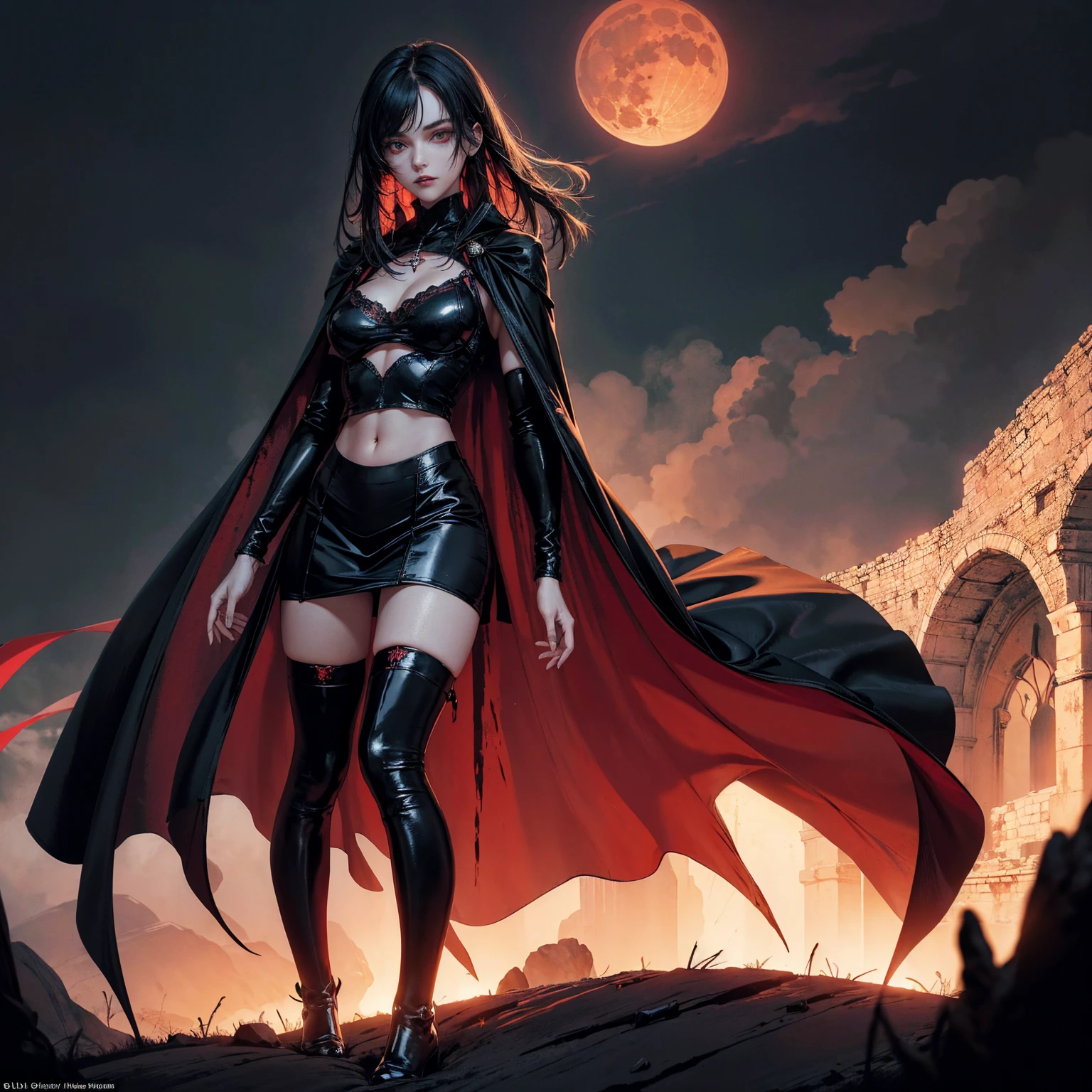 best quality, 4K, high resolution, masterpiece:1.2, Very detailed, actual:1.37, Mood lighting, Girl in a long cape, Only wearing a reflective rubber bra and a reflective latex skirt and a pair of knee-high stockings, Exposes the navel,Shows the skin above the chest, Dangerous sneer, Black Hair, Standing, Facing the camera, Crucified, Pitch black sky, Blood-red moon, strange atmosphere, Gothic style, Unforgettable beauty, Dramatic shadows, Ethereal Light, Mysterious atmosphere.