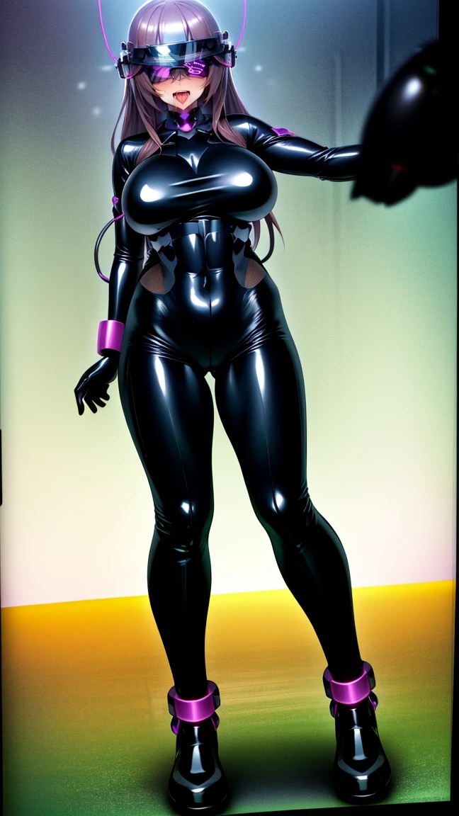 1 girl,Browsing Caution,Helmet, brainwashing, visor, wire, Eli Ase ,clavicle, Eyes glowing purple,Absurd, brainwashinging,Hollow Eyes, Big Breasts, Expressionless,(Black latex tight bodysuit),avert your eyes , Full body shape,(Highest quality、High resolution、Must have:1.2)、Very detailed、(reality、reality的なです、reality的な:1.37)、Ticker、Hyper HD、Studio Lighting、Ultra High Definition Paint、Sharp focus、Physically Based Rendering、Extreme Detail、Professional specifications、Vibrancy and color、Blurred、Sports portrait、landscape、Horror Style、anime Big Breasts、sf、photograph、Concept Artist、Five Fingers, Perfect body,Improved cost performance、All Roles、Canon 5D MK4でphotograph、photograph, 