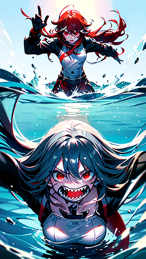Movie Poster Parody "Jaws" With the following details::Camera view The camera view is in the form of looking from the side below. Looking up at the main character, who is under water, this camera angle makes the viewer feel like in the water, like the main character, which conveys the depth and danger of emotions, the main character in the picture is a girl in a housewife's dress with a solemn face. Red eyes convey dissatisfaction or boredom. THE PATH OF THE MAIN CHARACTER AND BEING IN THE WATER GIVES A FEELING OF CALM, BUT AT THE SAME TIME FRIGHTENING, THE CHARACTER ON THE UPPER RUBBER HOOP EXPRESSES FEAR OR SHOCK. CONVEYING THE PERCEPTION OF THE DANGER UNDERWATER, THE DESCRIPTION OF THE NAME “ELLEN JAWS” IS LOCATED AT THE TOP OF THE PICTURE IN THE FORM OF BOLD AND CLEAR FONTS. Depicting a parody of the movie name “Jaws”, the main character has black and red hair, big red eyes, and small fangs, which makes the character look like a shark, wearing a maid costume designed to look like armor, which makes the character look strong and fearsome in the water around. The main character has small bubbles depicting the character's underwater movement. Being on a rubber hoop is a parody of a scene in the movie “Jaws”, in which a shark costume is worn with a shocked gesture.