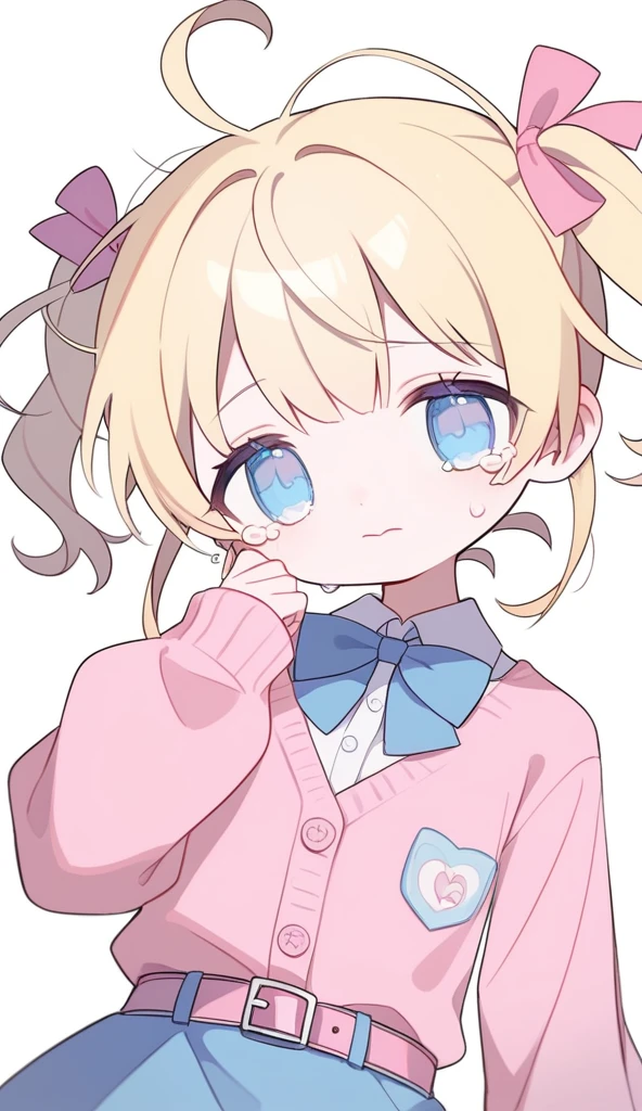 1girl,solo,core_9,score_8_up,score_7_up,Expressiveh,rating_safe,(masterpiece, best quality), pigtails,cryinglight blonde hair,mini pigtails,baby blue jean skirt with pink belt,pastel pink cardigan with buttons and a pastel pink bow,messy hair,pastel blue eyes,crying
