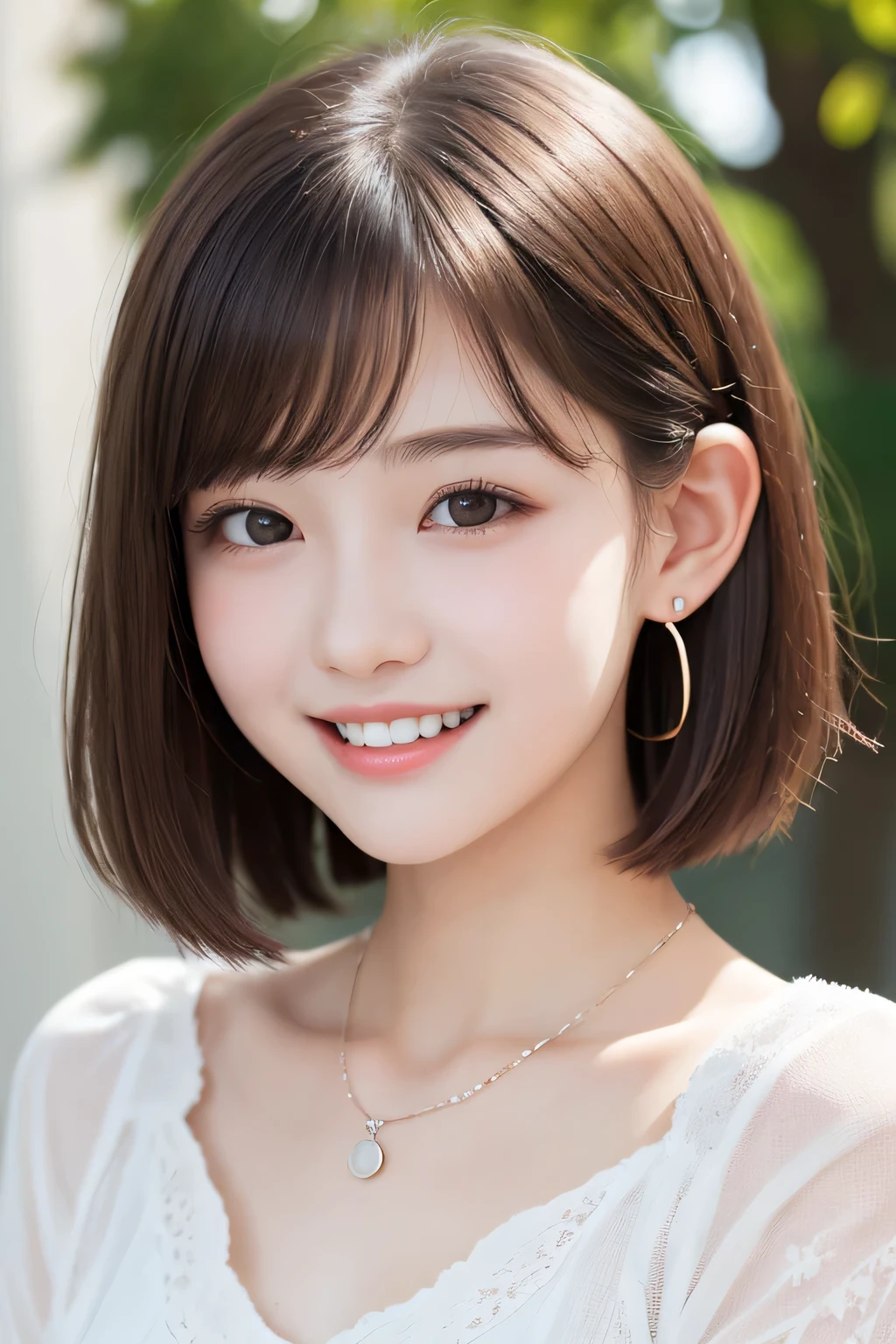 masutepiece, Best Quality, One girl, (a beauty girl, Delicate girl:1.3), (16 years old:1.3), Very fine eye definition, ),smile、Beautiful teeth alignment、Light brown hair、Short Haircut、Long sleeve blouse、Ear piercing、necklace, , face focus、Background building passage
