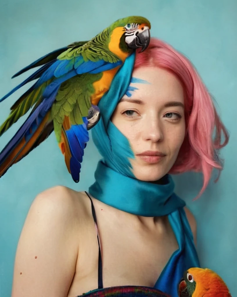 (( fauna_portrait )) , a woman with pink hair wearing a blue scarf , Parrot