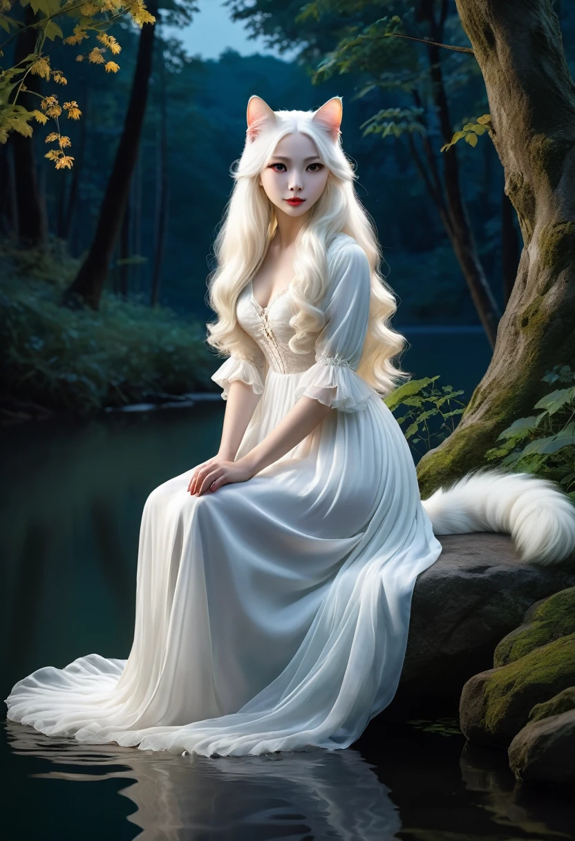 Realistic portrait of a dressed animal - beautiful anthropomorphic long-haired white cat, White long hair、青いMelancholyな瞳、Long white hair fluttering down her back、Sitting by the lake at night in a mysterious forest wearing a white chiffon long dress、A cat's reflection on the lake surface、The fantastic light of fireflies flying over the water、Highly detailed decorations,, (Melancholy),Golden Hour、Backlight、Dramatic Light(Full body image:1.5)