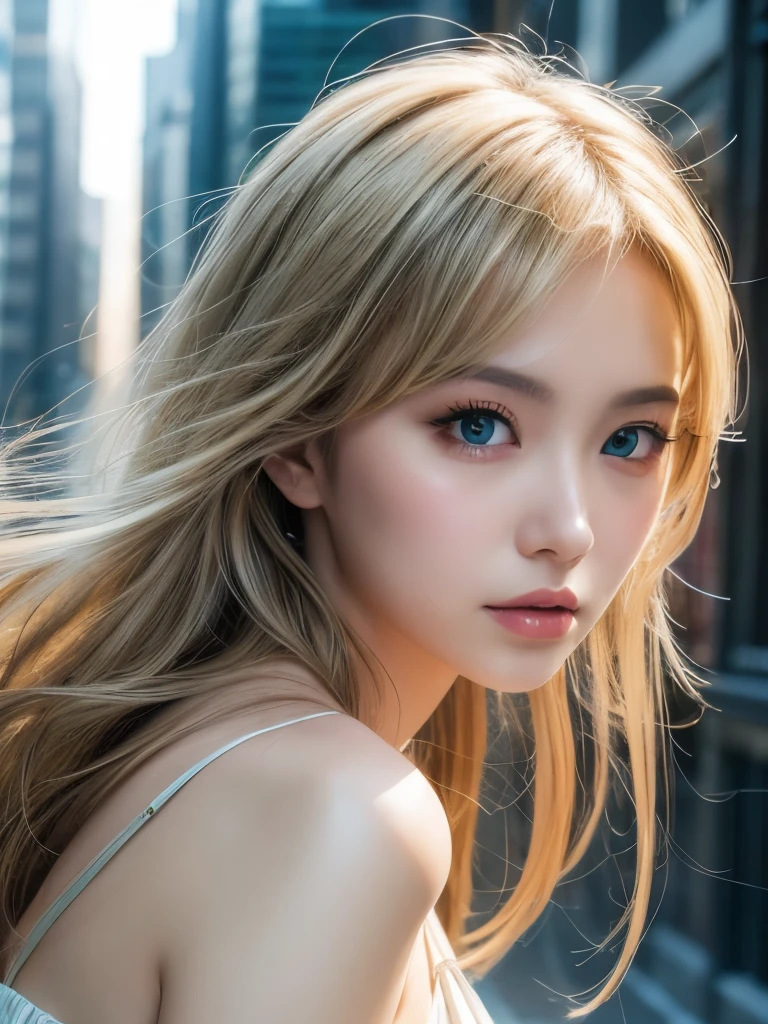 (masterpiece), (Highest quality, High resolution, Very detailed, figure), One girl, alone, city, Contemporary, Profile picture close-up, Blonde beige long hair, Green Eyes, Beautiful attention to detail,Soft and sexy lips, Her lip to を着て,squat, 8k Raw Photo:1.5, Trending on Art Station, Featured on Pixiv