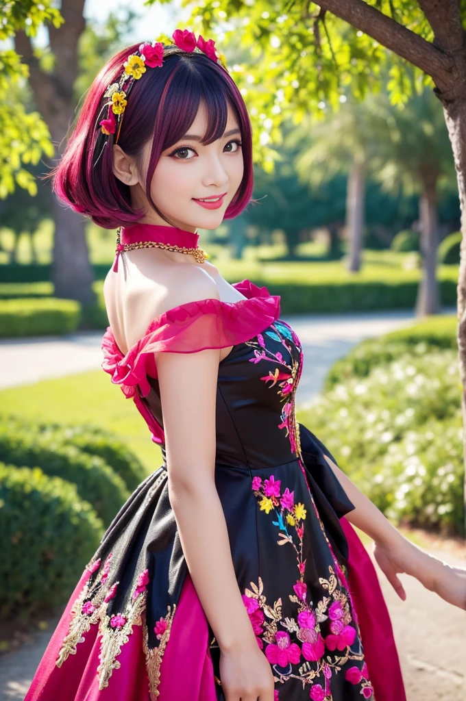 (masterpiece:1.4), (best quality:1.4), ultra high res, ultra high resolution, ((detailed facial features)), HDR, (realistic, photorealistic, photo-realistic:1.37), full body Esbian, sexy Vietnamese model, (-anime), vivid colors, ((vivid colors multicolor (red, fuchsia) very short hair)), (happy smile), lip-gloss, long lashes, ultra detailed metallic makeup, defined eyebrows, wearing large sparkling colorful jewelery, wearing a red silk Paradise Kiss cosplay dress with black floral embroidery, ((vivid colors outfit)), vivid colors, look at the camera, cinematic light, large park background with trees, sweet and sexy pose