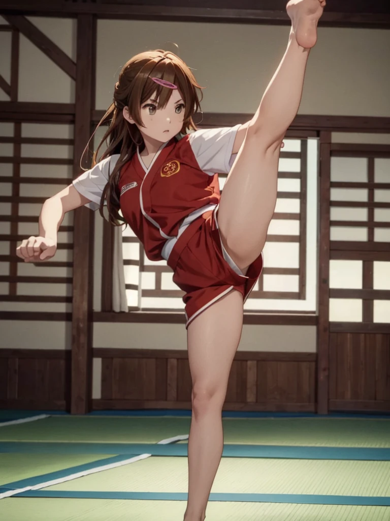 1girl, shinka_nibutani, brown hair, long hair, brown eyes, hair ornament, hairclip, wearing karate uniform with short sleeves, shorts, standing on one leg, straight legs, split kick, high kick, barefoot, accurate foot, accurate hands, barehands, fighting stance, martial arts, in a dojo, perfect proportions, (best quality,8K,high resolution,ultra-detailed,masterpiece)