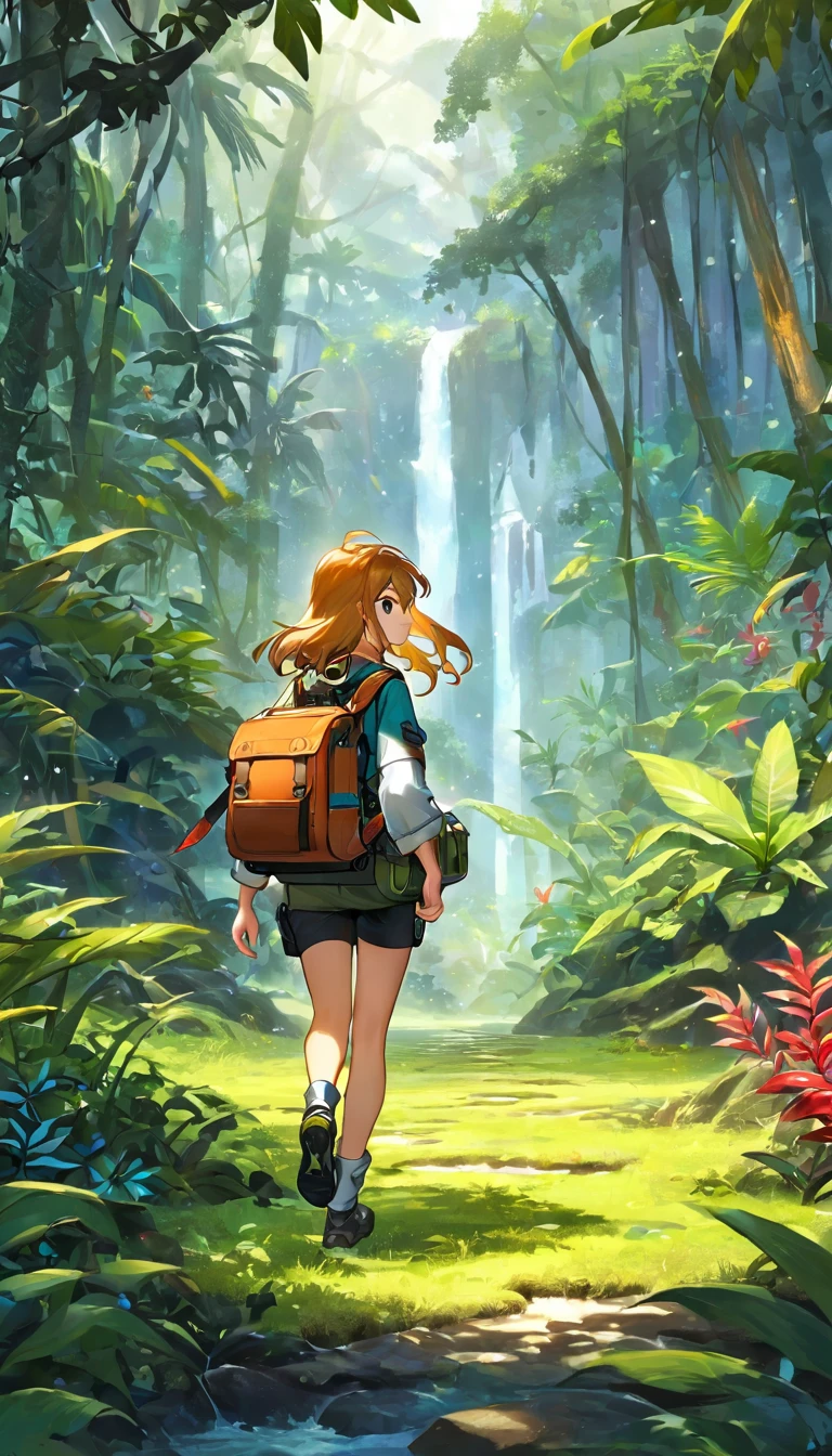 score_9, score_8_superior, score_7_superior, score_6_superior, score_5_superior, score_4_superior, BREAK、Highest quality:1.2、masterpiece、Highly detailed CG unit wallpaper、High resolution、BREAK、Jungle Adventure、Subtropical plants、Mysterious Jungle、Wilderness、Explorer's attire、Sharp Eyes、One Girl、Walking、Densely grown grass、