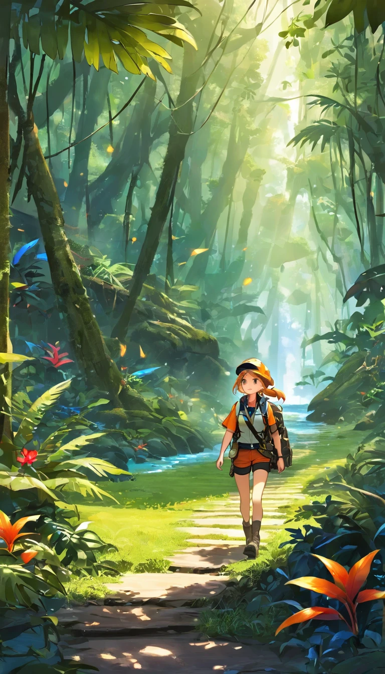 score_9, score_8_superior, score_7_superior, score_6_superior, score_5_superior, score_4_superior, BREAK、Highest quality:1.2、masterpiece、Highly detailed CG unit wallpaper、High resolution、BREAK、Jungle Adventure、Subtropical plants、Mysterious Jungle、Wilderness、Explorer's attire、Sharp Eyes、One Girl、Walking、Densely grown grass、