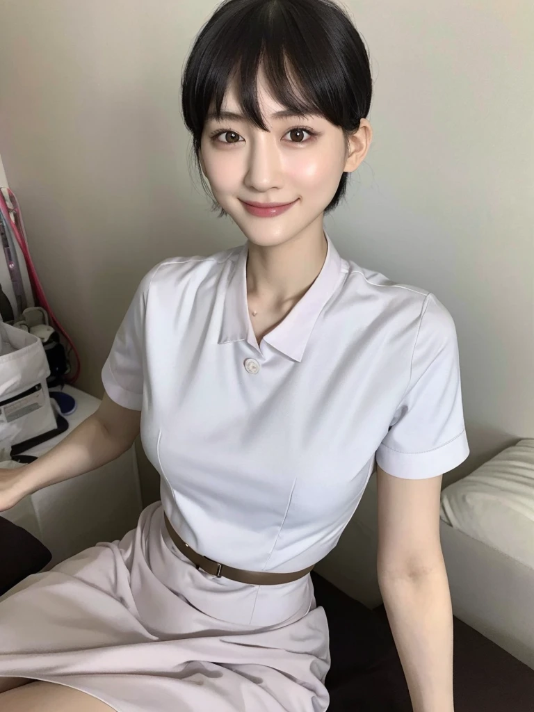 Highest quality、masterpiece、8k、Very detailed、Realistic、Looking at me with a smile、whole body、Black Hair、Short Hair、Small face、Slender、Big Breasts、Thin and beautiful legs、narrow and constricted waist,、(Nurse uniform:1.2)