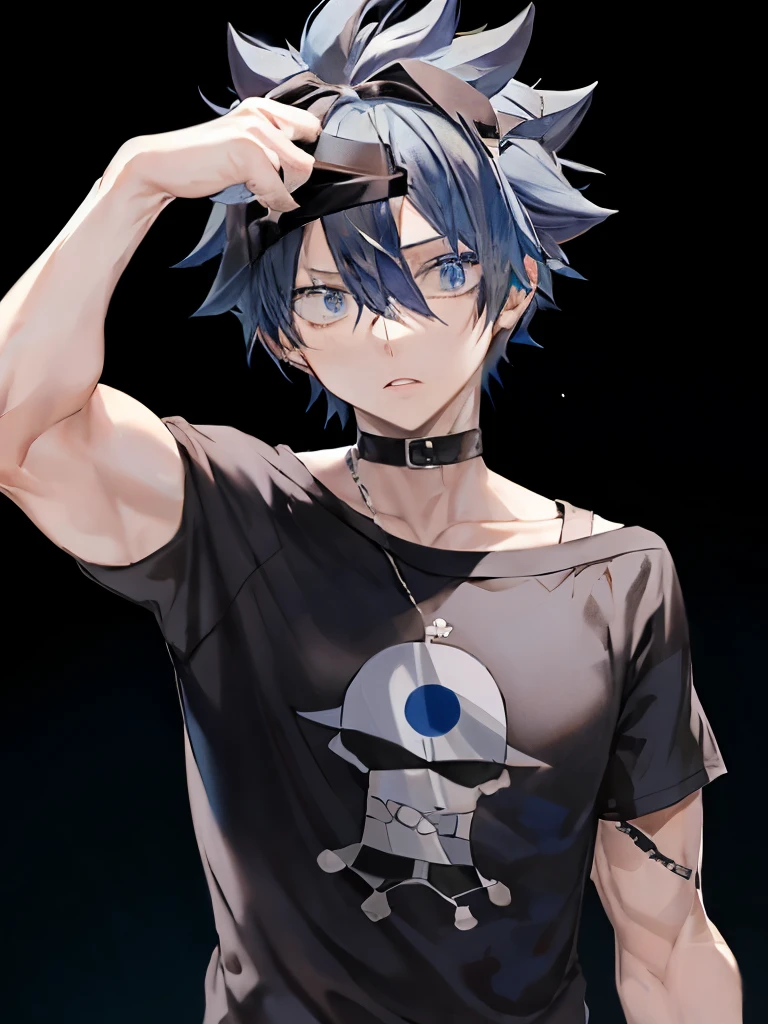 blue hair dressing, blindfolded eyes, black blindfold, 2d anime, 2d style, anime boy, dark blue background with stars, character in blue shirt and black shorts