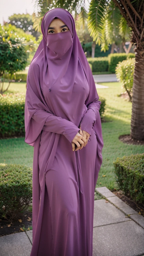 A beautiful Asian girl in a long hijab with tight and clearly visible breasts, With dark colored clothes, and good quality images
