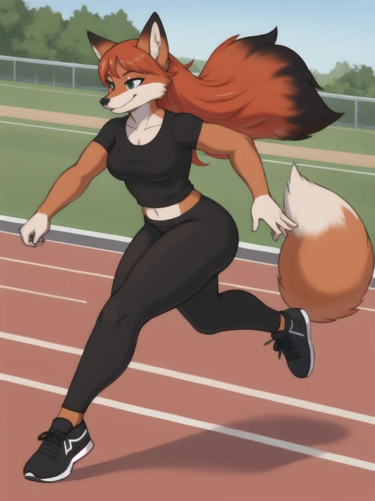 Furry, fox, female, black shirt, black leggings, shoes, running track, solo, full body