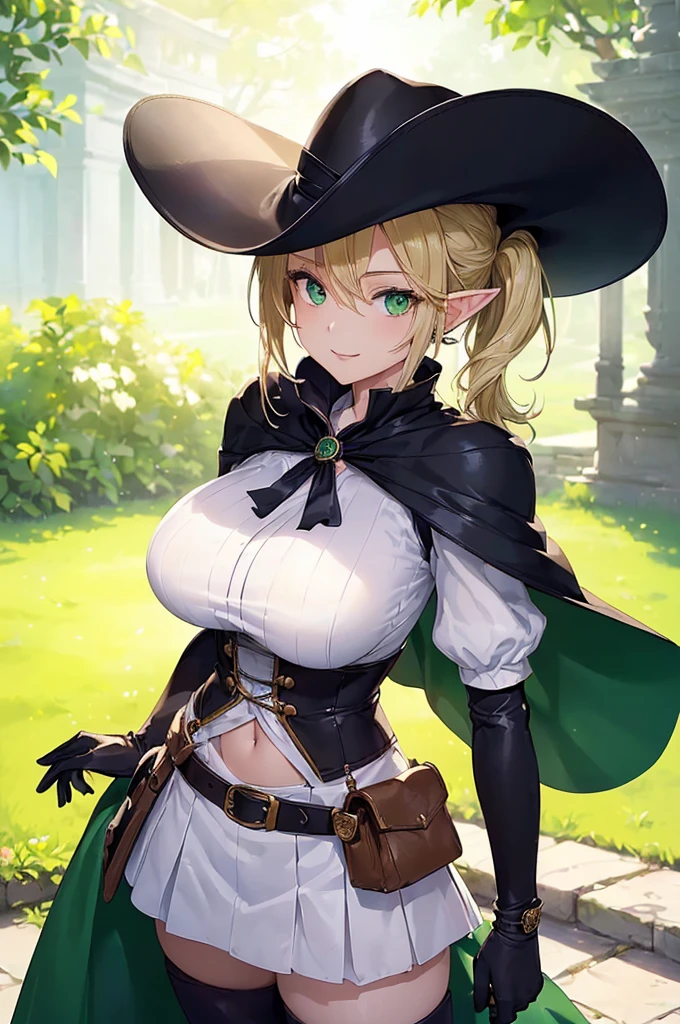 (((masterpiece; best quality: 1.2))), (finely detailed eyes: 1.3), (25 year old elf woman), (solo), (green eyes: 1.4), (body; big breasts, fit, femenine: 1.3), (silky blonde hair in low ponytail: 1.3), (beautiful and clear background: 1.2), ((depth of field)), (equipment: adventurer garb + modest + elegant wide-brim hat + dark blouse + dark cape + black long skirt + gloves + belt + pouches: 1.3), (anime illustration: 1.2), (background composition; royal garden: 1.1), (extremely fine and beautiful: 1.1), (shot composition; standing + centered on torso + close-up: 1.5), (expression; calm, smile: 1.2)