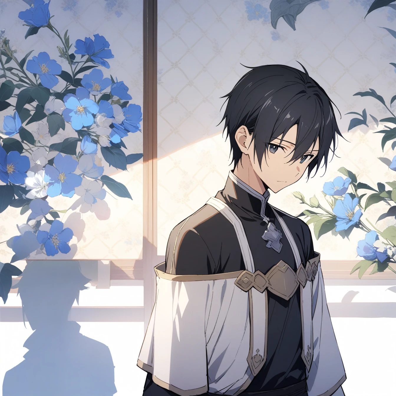 masterpiece,best quality,1 boy, Male focus, Kirito \(Saogo\), Sword Art Online,very beautiful,Chinese,Guild costumes,Oriental Wallpaper,flower,Blue tint,Natural light,Soft Light，White background，shadow,Black Hair,The person is in the middle of the picture，Half Body，Off-shoulder