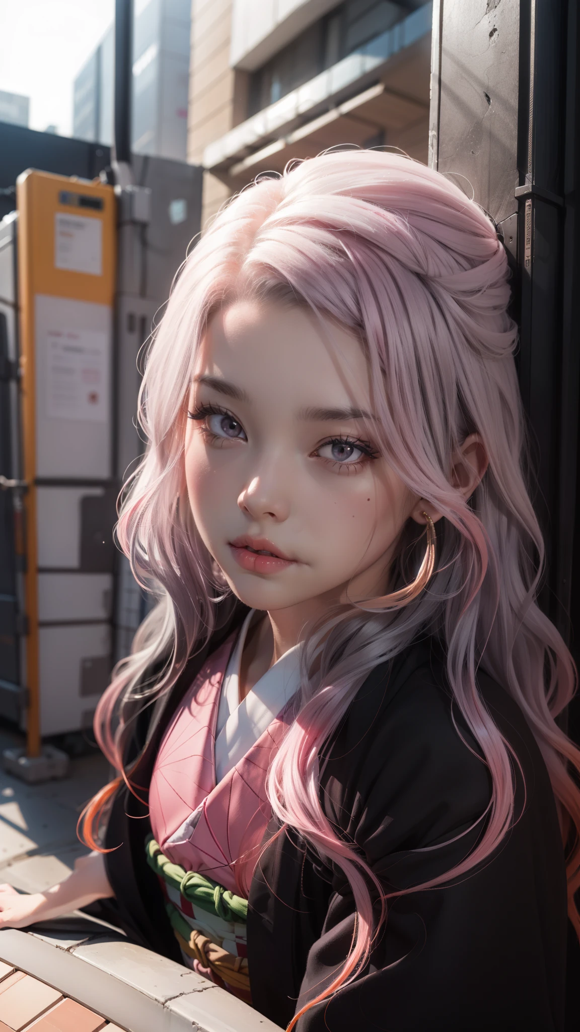 Cute Japanese woman, (), (Very cute face: 1.3), White and moisturized skin,
BREAK,
Fighter, Kung Fu fighter, Idol,
BREAK,
(Wearing cute kimono: 1.3), (Very revealing kimono), Very large earrings, Short length,
BREAK,
(Long hair), (Gray hair), (Wavy hair), (Gradient pink hair: 1.3), (Red hair at the ends),
BREAK,
(Realistic: 1.3), Masterpiece, Perfect lighting, (Ultra high resolution), (8K), (Very detailed: 1.4), (From the front), Looking at the camera, Melancholic expression, (Full body),
BREAK,
(Japanese city streets: 1.2), (Great fire in the background),
BREAK,
(Demon Slayer: 1.4),
BREAK,
(Hellfire: 1.2), Demon,