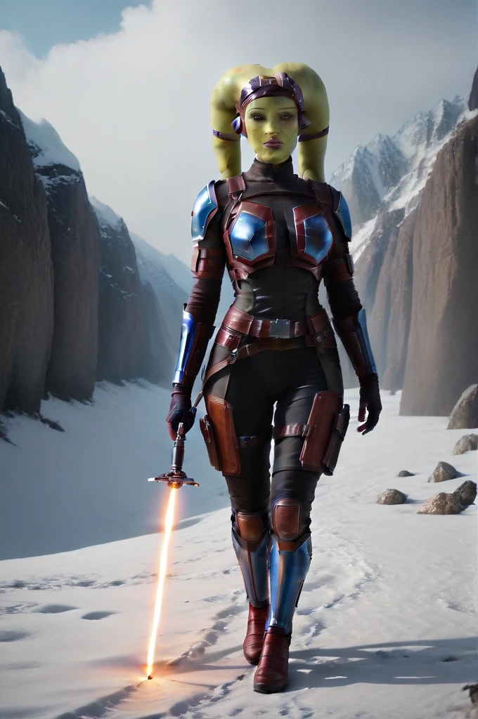 a ((fall body)) hera syndulla ((green skin ))
 ((female twi'lek ))mandalorian,walking on snow fire, beautiful detailed eyes, beautiful detailed lips, extremely detailed face, long eyelashes, mandalorian armor, sci-fi, cinematic lighting, dramatic, epic, intricate details, hyper-realistic, 8k, high-quality, photorealistic
