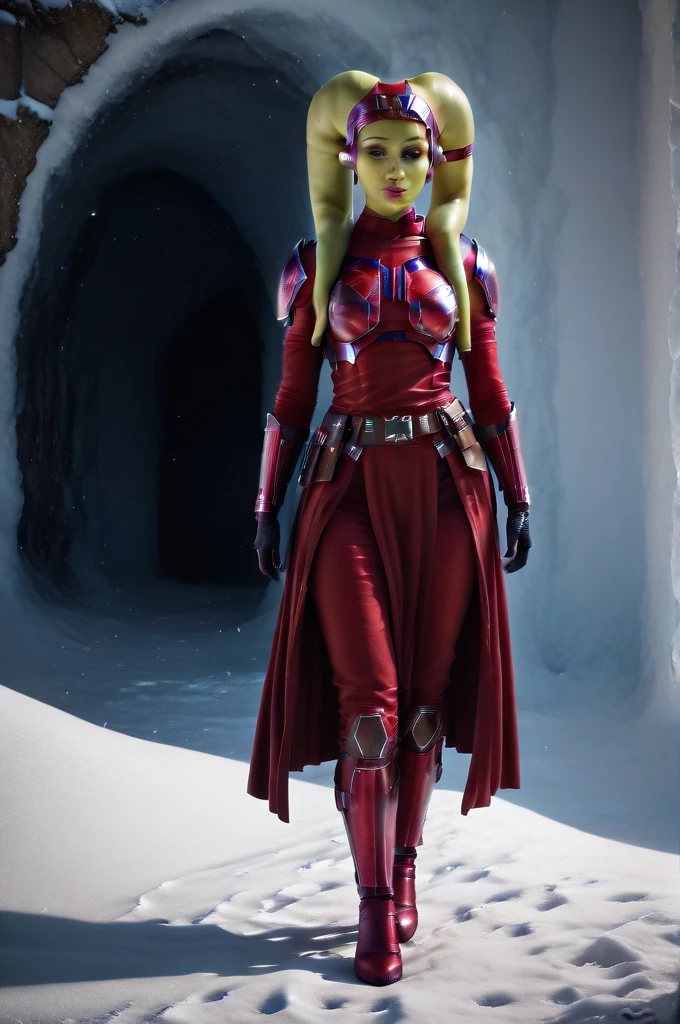 a ((fall body)) (((hera syndulla))) ((green skin )) ((female twi'lek ))mandalorian,walking on snow, ((green fire hand)) , beautiful detailed eyes, beautiful detailed lips, extremely detailed face, long eyelashes, mandalorian armor, sci-fi, cinematic lighting, dramatic, epic, intricate details, hyper-realistic, 8k, high-quality, photorealistic
