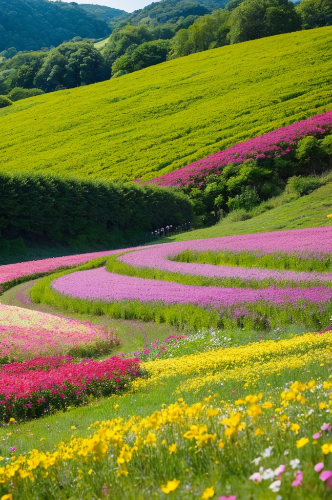 A beautiful hill and a flower field blooming there