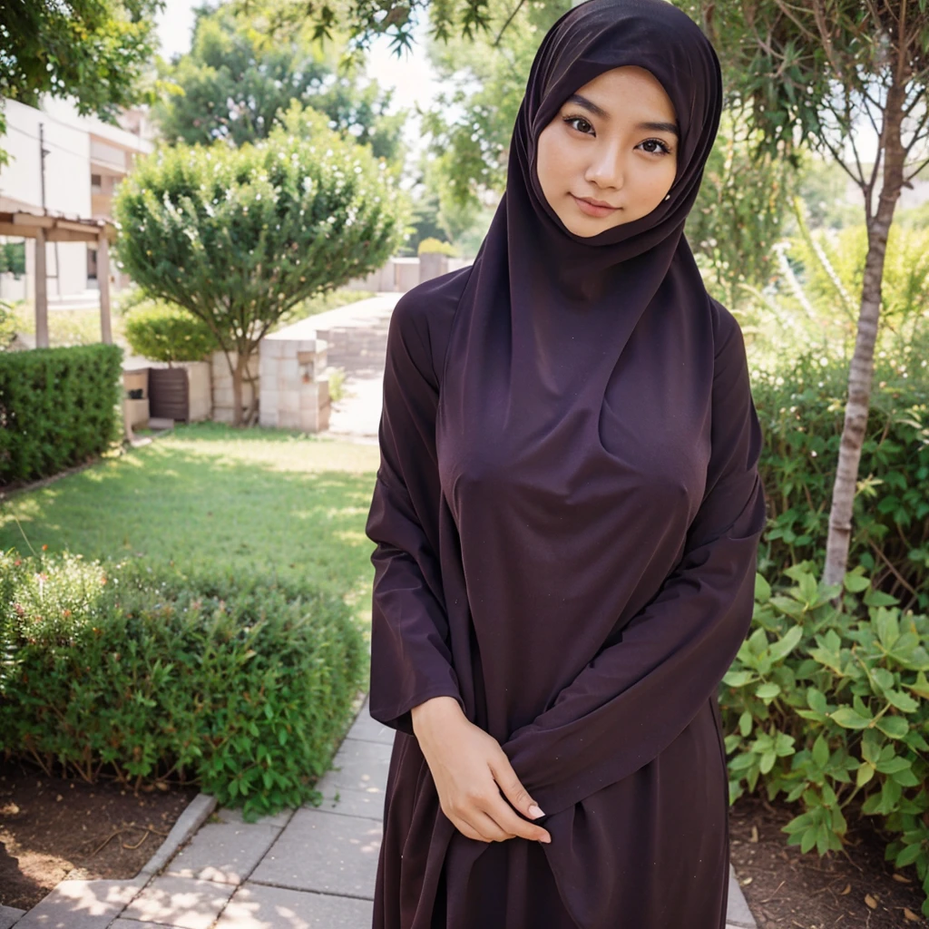 A beautiful Asian girl in a long hijab with tight and clearly visible breasts, With dark colored clothes, Is hugging herself , and good quality images
