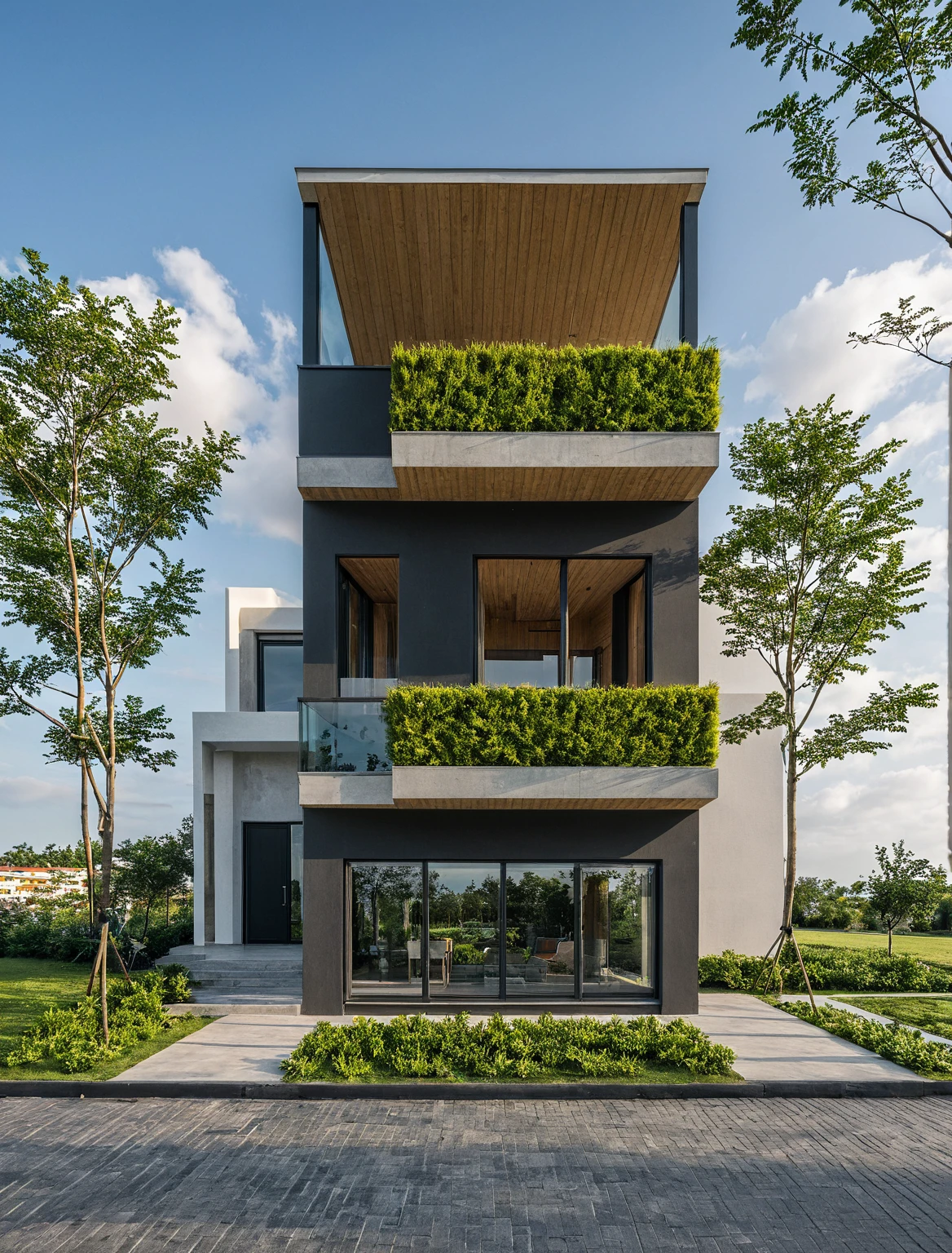 Masterpiece, high quality, best quality, authentic, super detail, outdoors, onestoreyvillaXL, aiaigroup, house style modern on the street ,stairs ,road,pavement, grass, trees, sky, cloud, (daylight:1.1),MIXMATERIALS