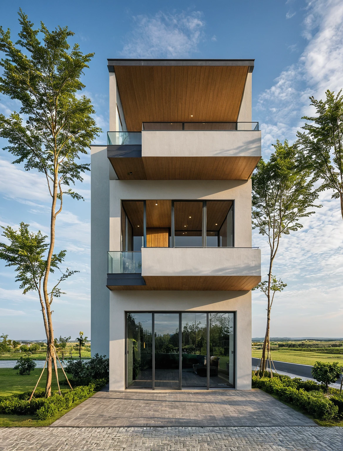 Masterpiece, high quality, best quality, authentic, super detail, outdoors, onestoreyvillaXL, aiaigroup, house style modern on the street ,stairs ,road,pavement, grass, trees, sky, cloud, (daylight:1.1),MIXMATERIALS